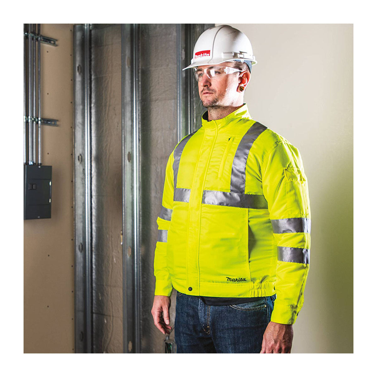 Áo khoác làm mát Makita DFJ214Z dùng Pin 18V LXT, 14.4V, 12Vmax CXT, chất liệu sợi tổng hợp chống thấm, chống tĩnh điện có phản quang