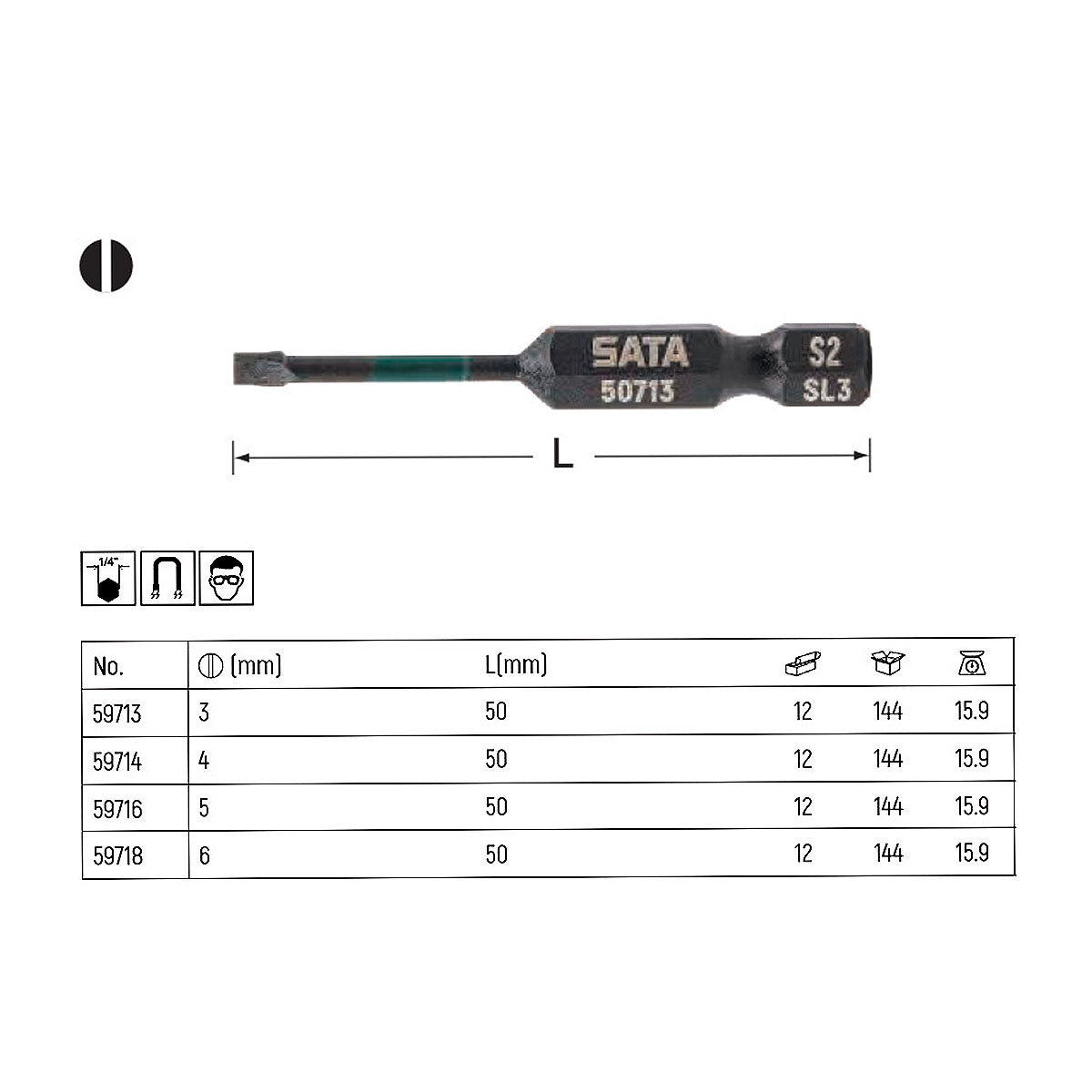 Bộ 10 mũi vít dẹp SATA cốt 6.35mm (1/4 inch), vật liệu thép Cr-mo, đầu mũi có từ tính