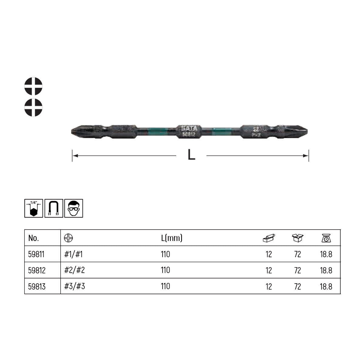 Bộ 10 đầu tua vít bake 2 đầu bằng thép đen SATA dài 110mm, cốt 6.35mm (1/4 inch),  có nam châm